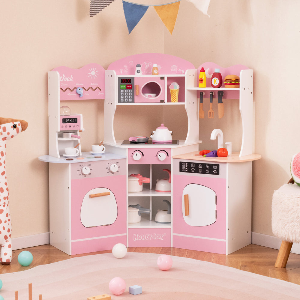 Corner Wooden Play Kitchen with Coffee Machine and Slide for Kids-Pink - Gallery View 1 of 11