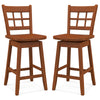 Set of 2 brown counter height barstools with 6-grid hollow back and ergonomic seat for comfortable support.