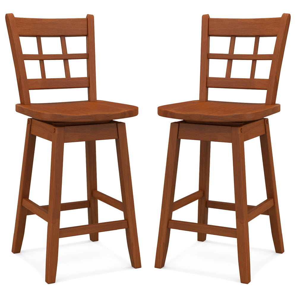 Set of 2 brown counter height barstools with 6-grid hollow back and ergonomic seat for comfortable support.