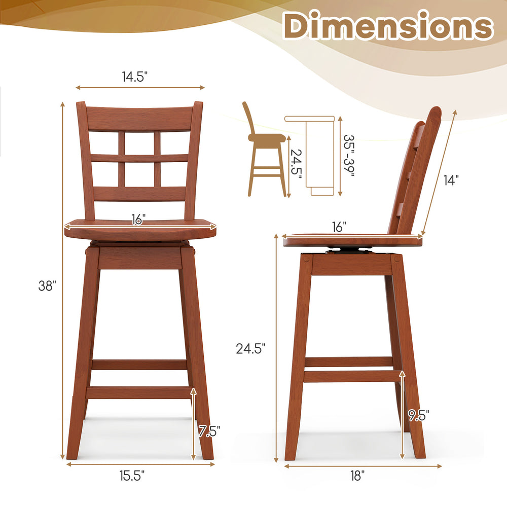 Counter height barstool set with 6-grid hollow back, brown rubber wood frame, ergonomic seat, ideal for kitchen use.