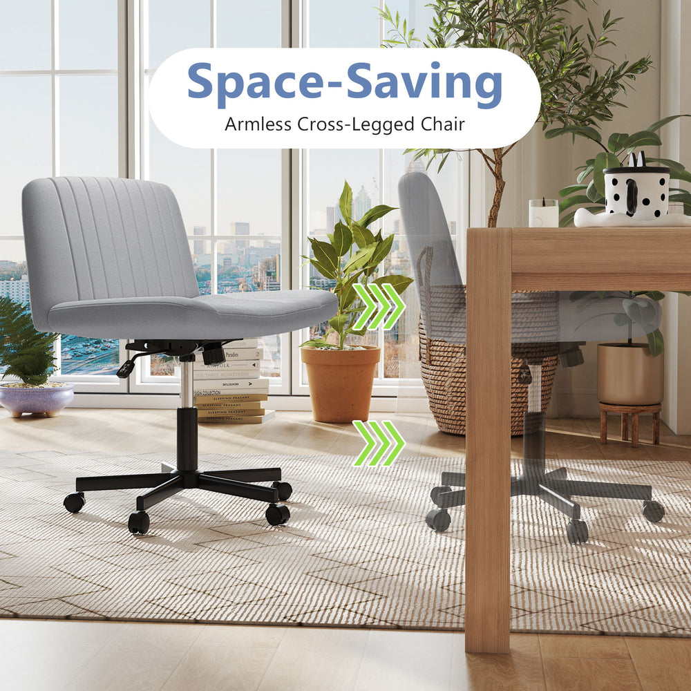 Gray Criss Cross Chair with wheels features a soft-padded wide seat, ideal for space-saving and cross-legged seating.
