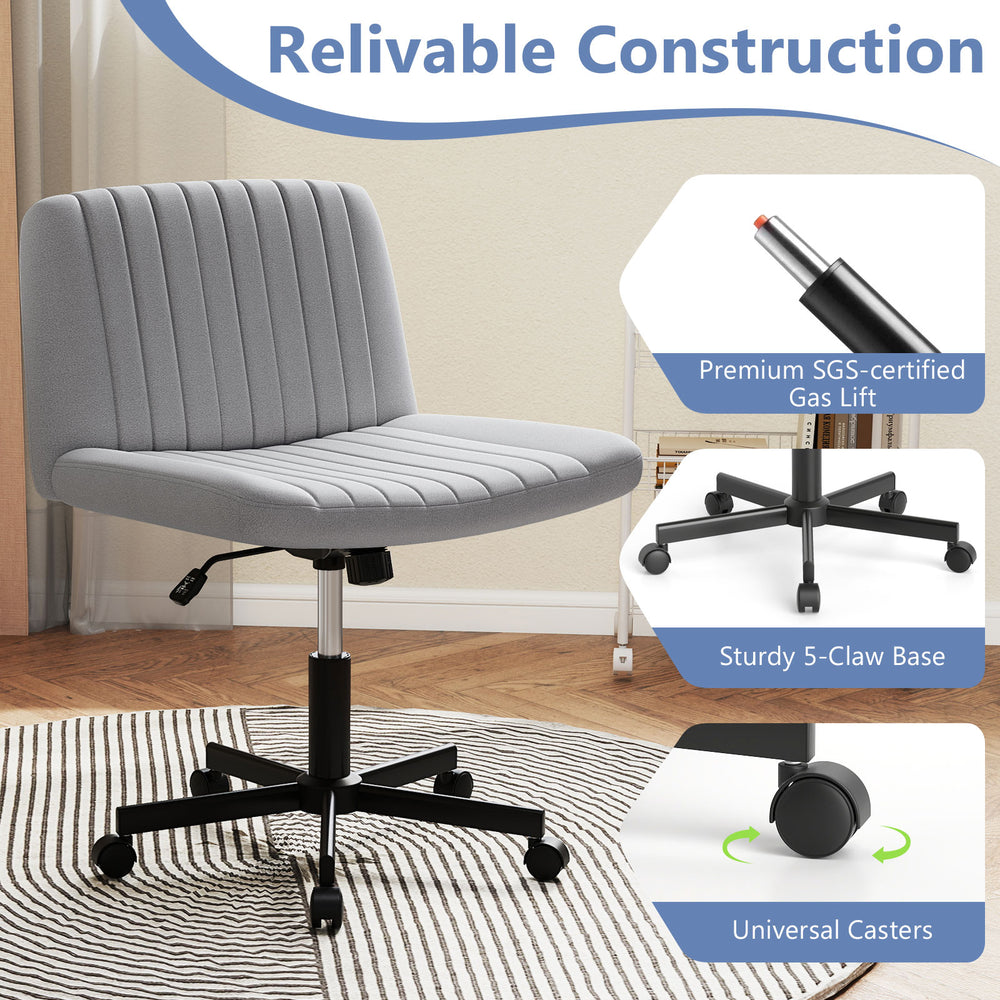 Gray Criss Cross Chair with wheels features a soft-padded wide seat and sturdy 5-claw base for versatile desk use.
