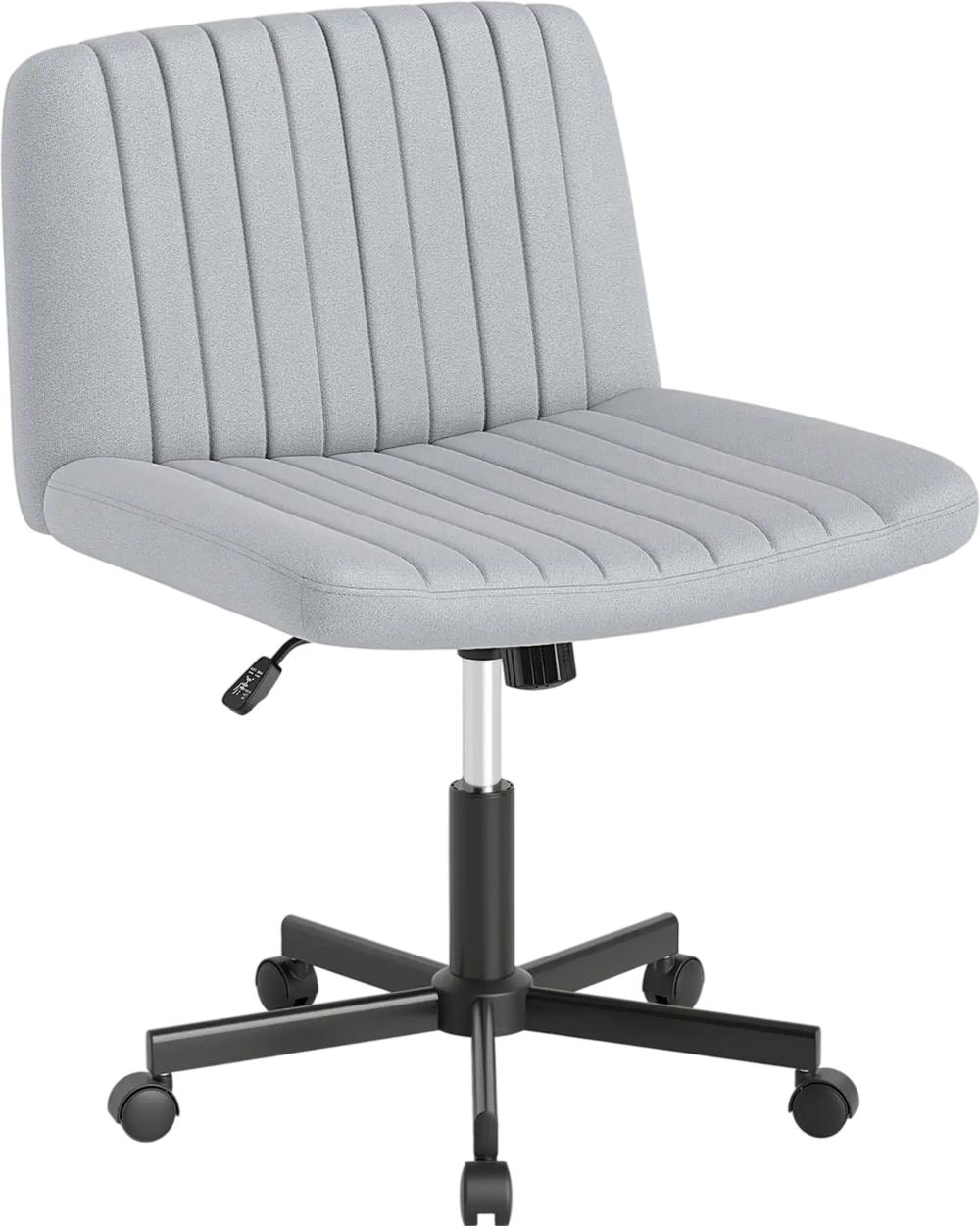 Gray Criss Cross Chair with wheels, featuring a wide soft-padded seat and adjustable height for versatile desk use.