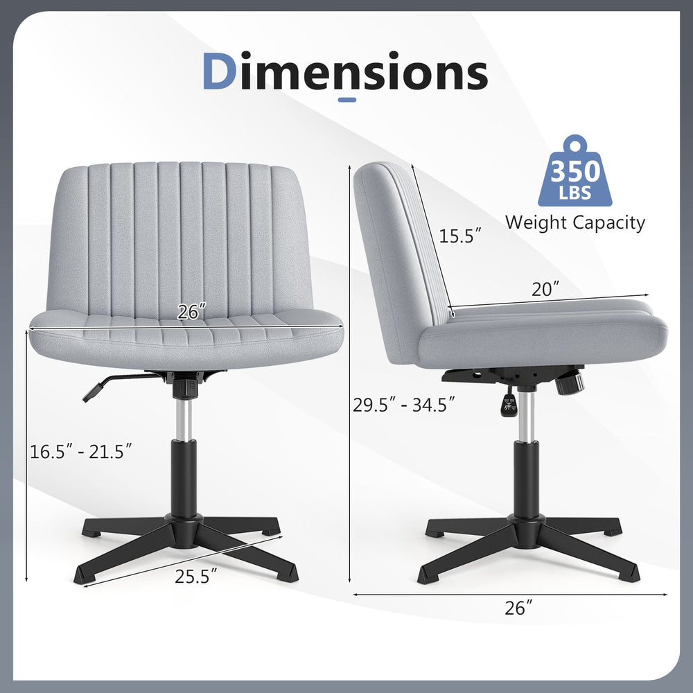 Gray Criss Cross-Legged Swivel Desk Chair dimensions with height adjustment, 350 lbs capacity, and contoured seat.