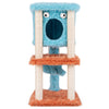Cute monster-themed cat tower in blue and orange with plush condo, sisal scratching posts, and hanging toys for playful.