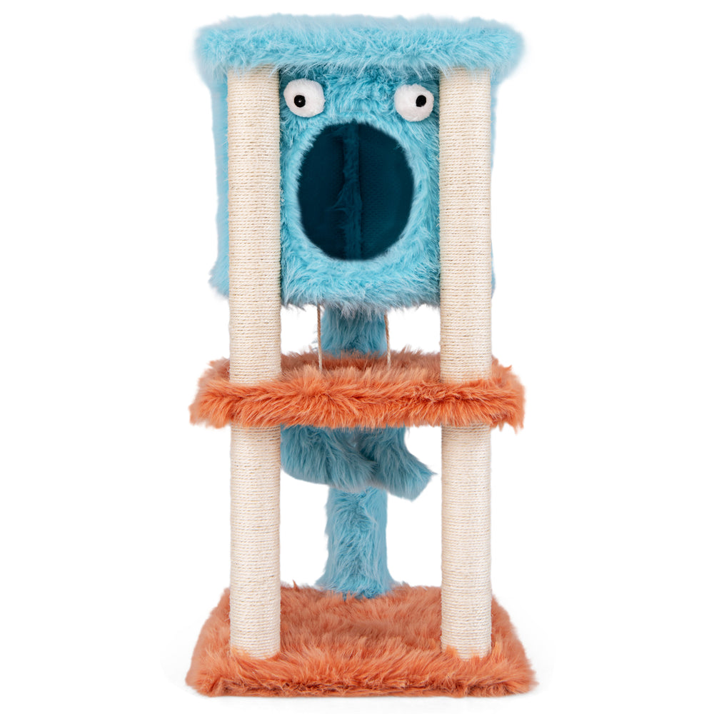 Cute monster-themed cat tower in blue and orange with plush condo, sisal scratching posts, and hanging toys for playful.