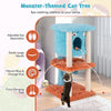 Cute monster-themed cat tower in vibrant blue with plush fabric, featuring a hanging condo and sisal scratching post.