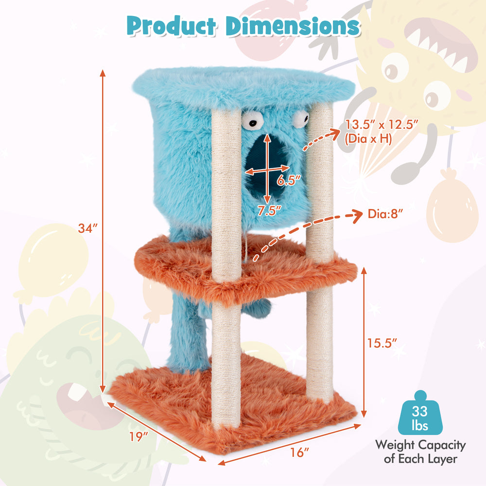 Cute monster-themed cat tower in blue with plush fabric, sisal scratching post, and cozy condo for playful cats.