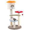 Cute mushroom cat tree featuring padded platforms, sisal scratching posts, and a cozy top condo for playful cats.