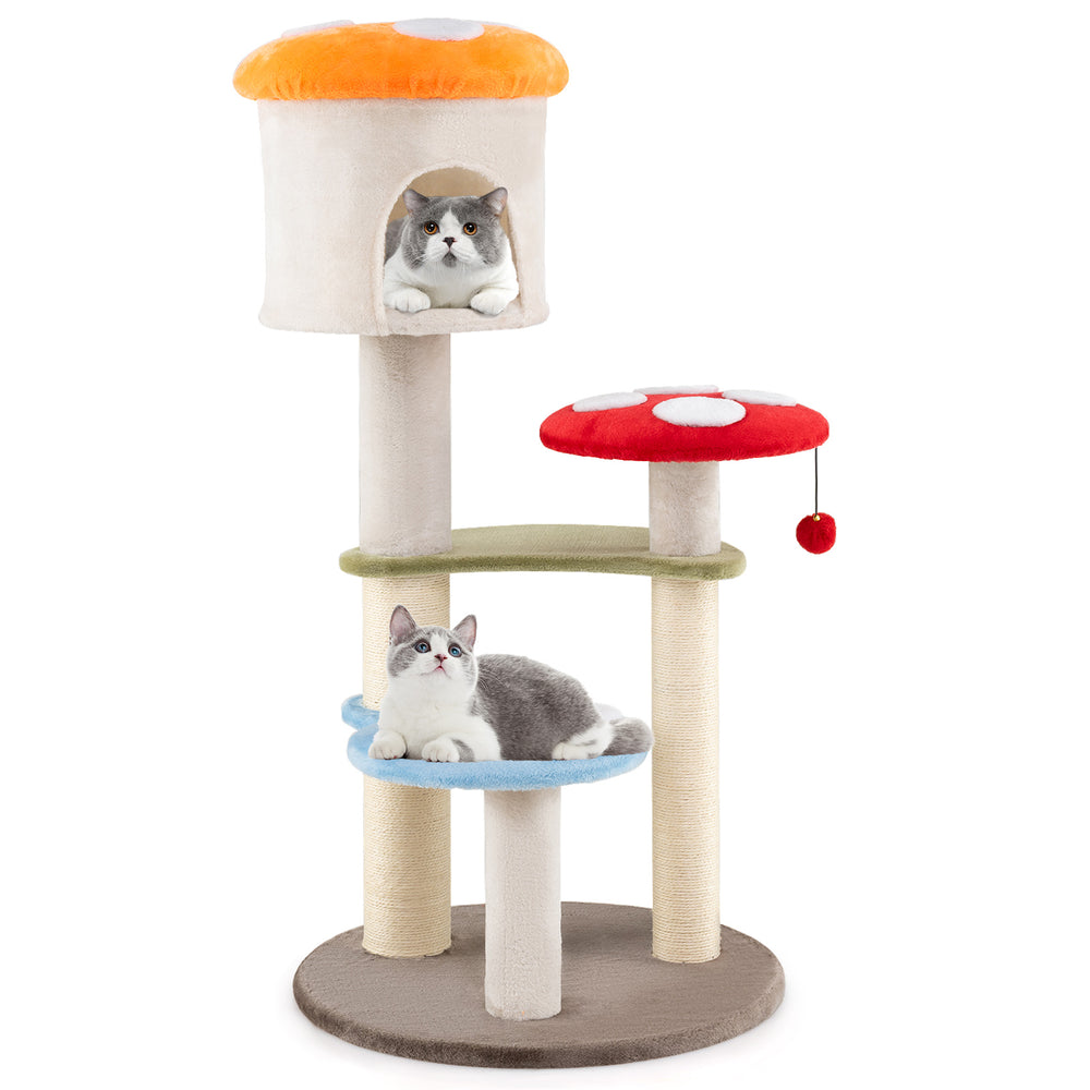 Cute mushroom cat tree featuring padded platforms, sisal scratching posts, and a cozy top condo for playful cats.