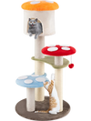 Colorful mushroom cat tree with padded platforms, sisal scratching posts, and a cozy condo for playful feline fun.