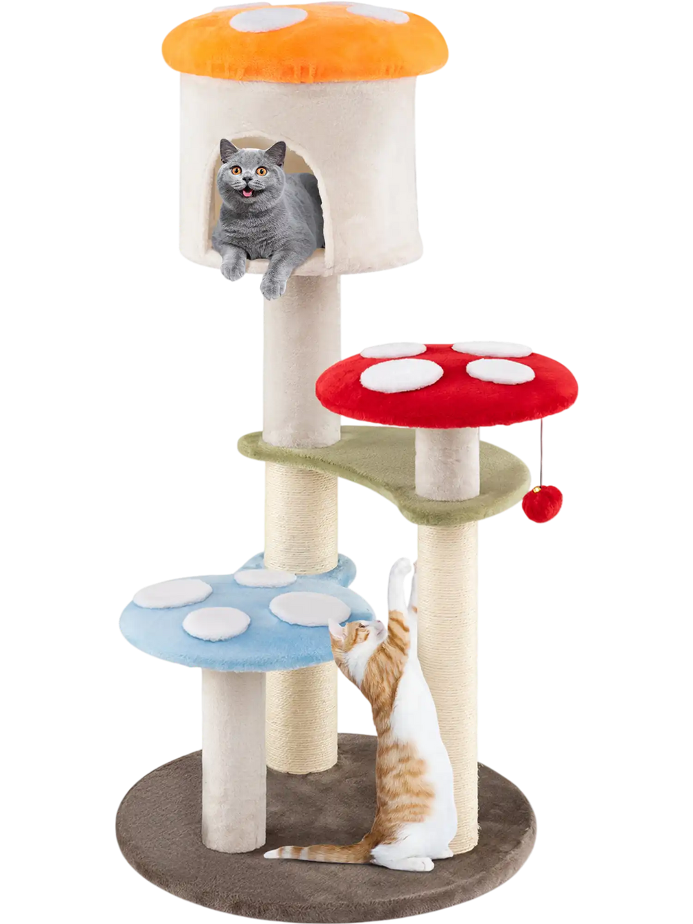 Colorful mushroom cat tree with padded platforms, sisal scratching posts, and a cozy condo for playful feline fun.