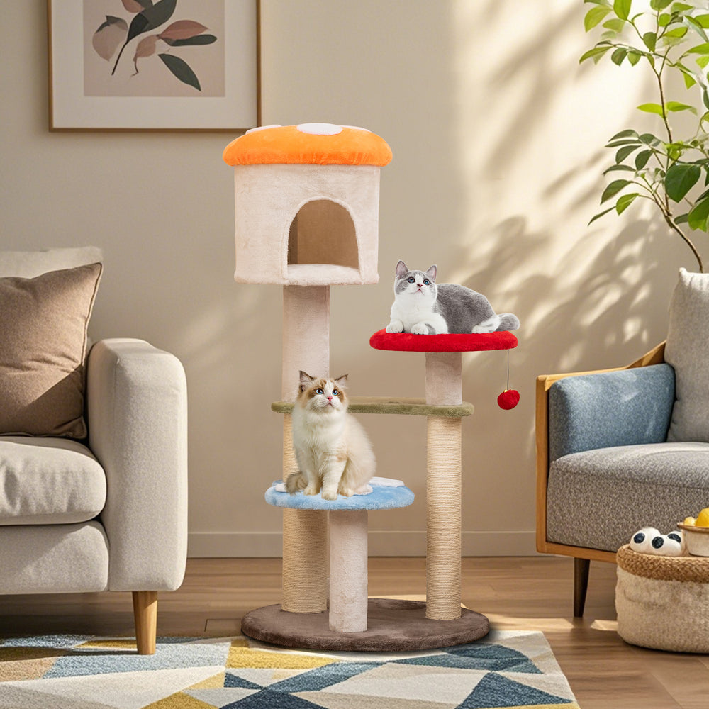 Mushroom-shaped cat tree with padded platforms and sisal scratching posts, perfect for playful and cozy cat lounging.