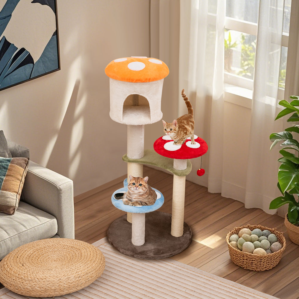 Cute mushroom cat tree featuring padded platforms and sisal scratching posts, perfect for playful cats in a cozy living.