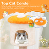 Cute mushroom cat condo with plush fabric, sisal scratching posts, and padded platforms for cozy napping and play.