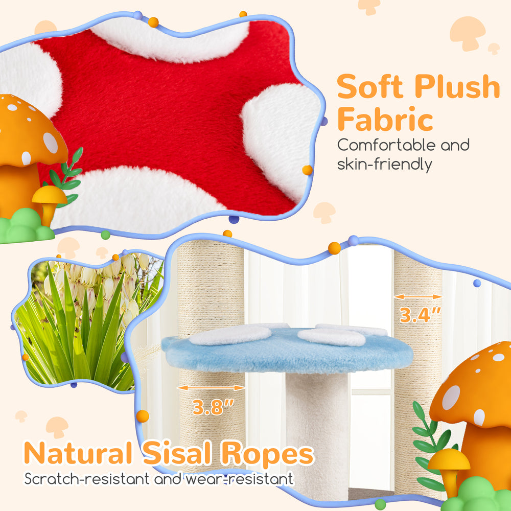 Soft plush fabric on the Cute Mushroom Cat Tree with padded platforms and natural sisal ropes for playful cat.