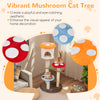 Vibrant mushroom cat tree with padded platforms and sisal scratching posts, perfect for playful cats and home decor.