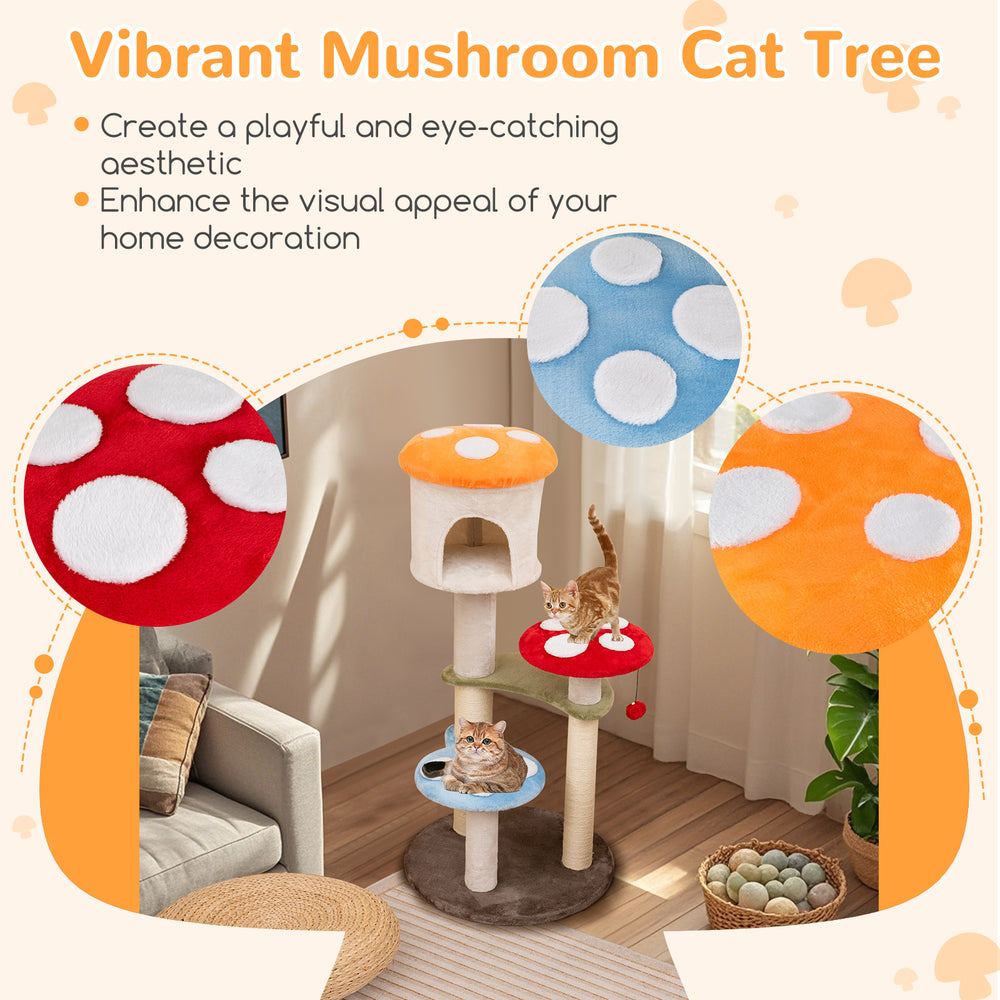 Vibrant mushroom cat tree with padded platforms and sisal scratching posts, perfect for playful cats and home decor.