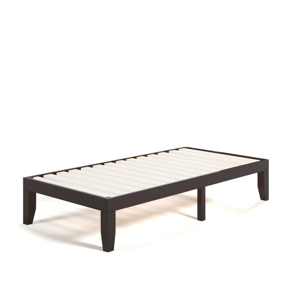 Twin size wooden bed frame with 14-inch height, made of solid rubberwood, featuring 10.5-inch under-bed storage space.