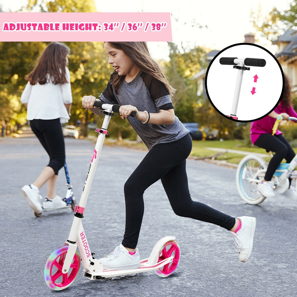 Portable folding sports kick scooter in pink with adjustable height, LED wheels, and kickstand for kids' fun.
