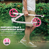 Portable folding sports kick scooter in pink, featuring LED wheels and a lightweight design for easy carrying.