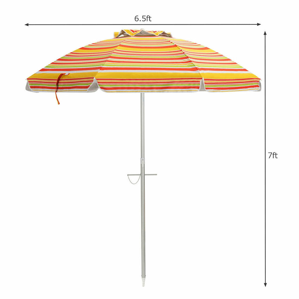 6.5ft beach umbrella with orange stripes, UPF 50+ sun protection, tilt mechanism, and carry bag for outdoor leisure.