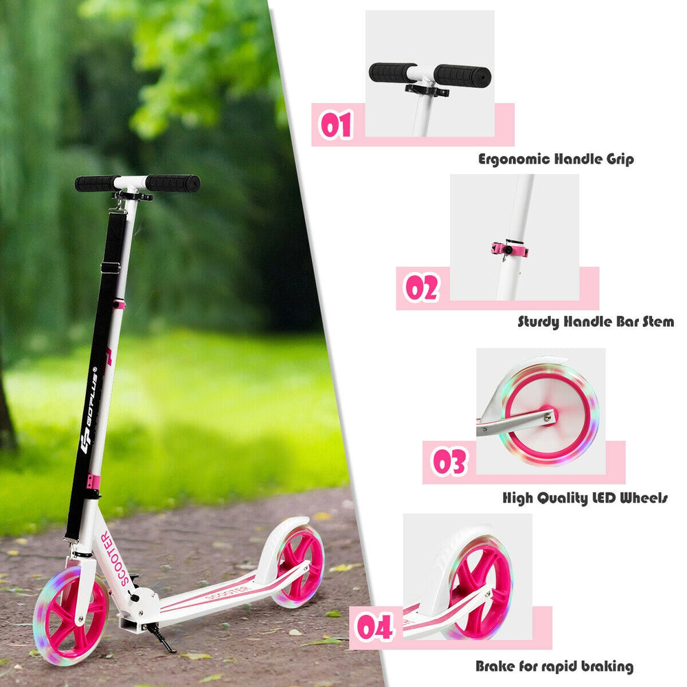 Portable folding sports kick scooter in pink with LED wheels, adjustable height, and convenient folding design for kids.