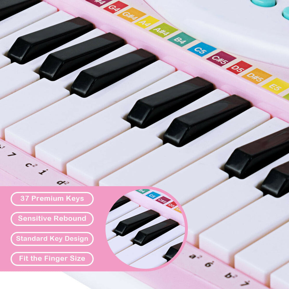 Close-up of the 37-key pink electric keyboard piano, featuring sensitive rebound keys and a multifunctional control.
