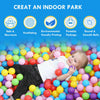 Colorful plastic balls surround a child in a play tent, promoting imaginative play and easy storage for indoor fun.