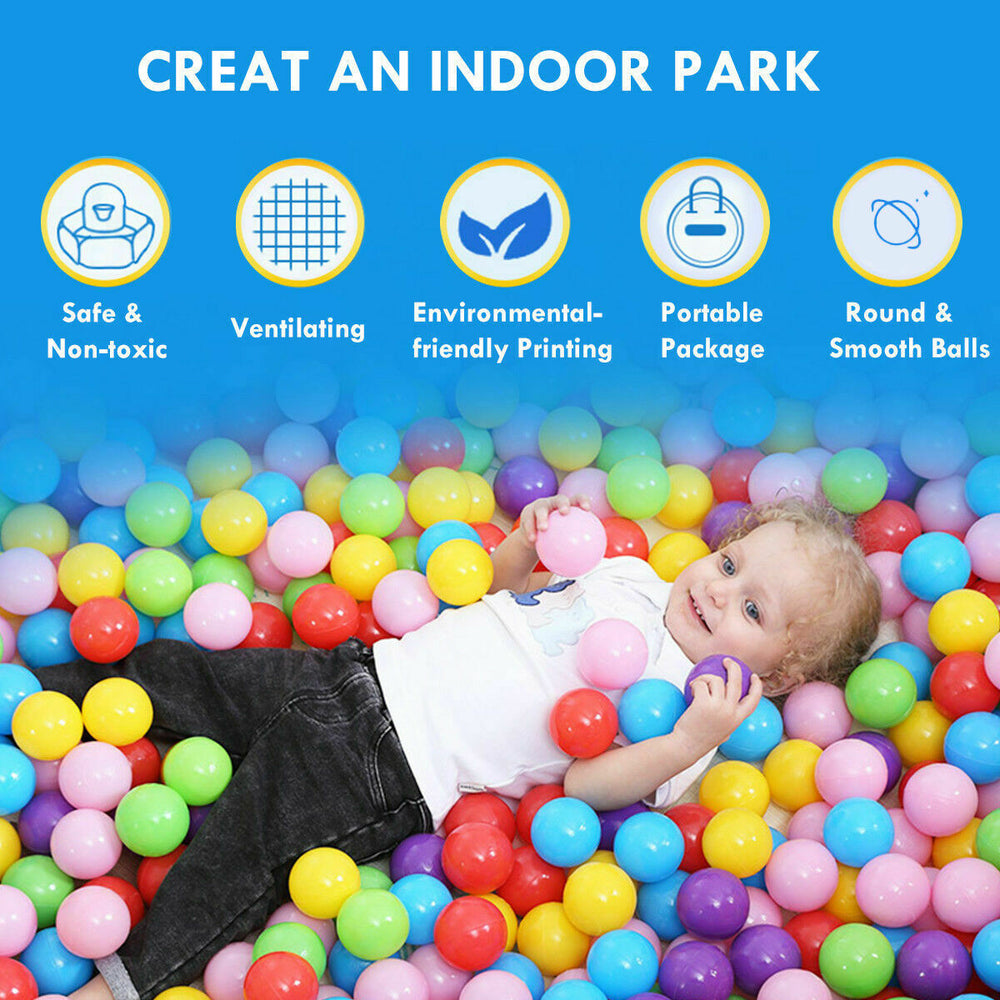 Colorful plastic balls surround a child in a play tent, promoting imaginative play and easy storage for indoor fun.