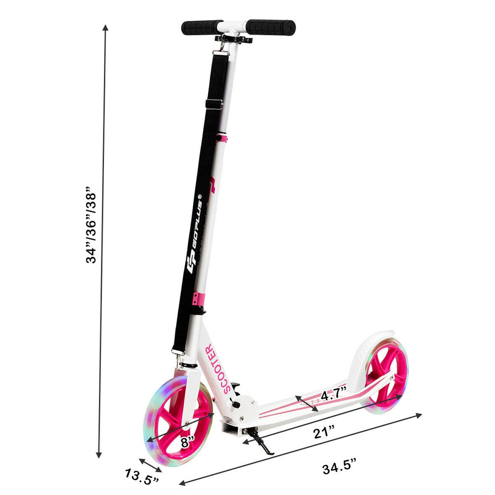 Detail view of the pink Portable Folding Sports Kick Scooter showcasing its LED wheels and premium aluminum.