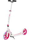Portable folding kick scooter in pink with LED wheels, adjustable height, and collapsible design for easy transport.