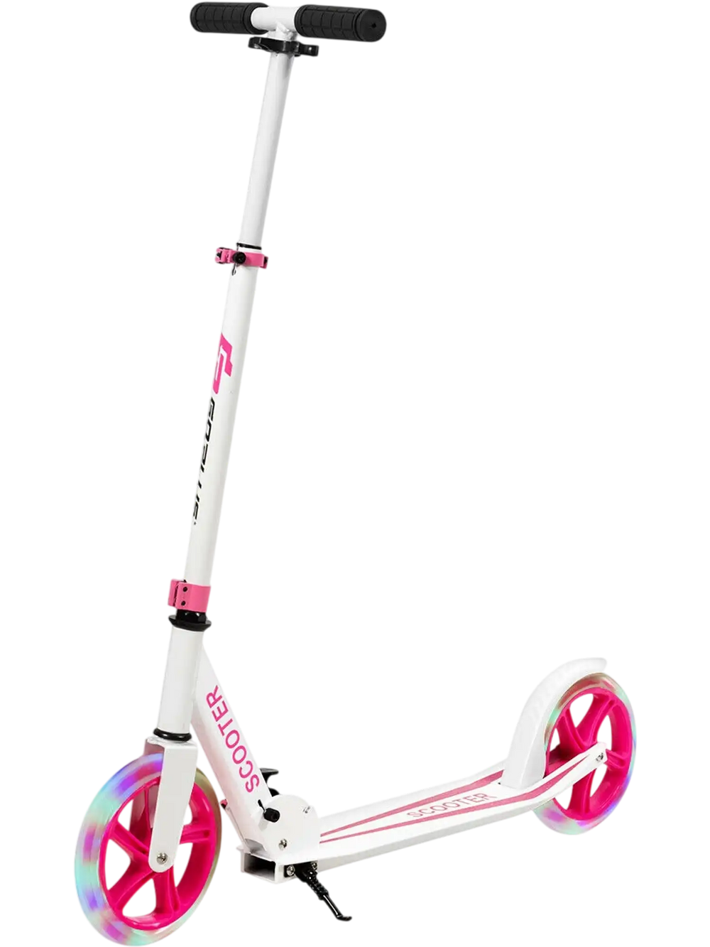 Portable folding kick scooter in pink with LED wheels, adjustable height, and collapsible design for easy transport.