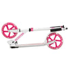Portable folding sports kick scooter in pink with LED wheels, featuring a collapsible design and adjustable height.