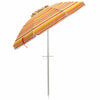 6.5 feet beach umbrella with orange and yellow stripes, featuring UPF 50+ sun protection and a carry bag for easy.