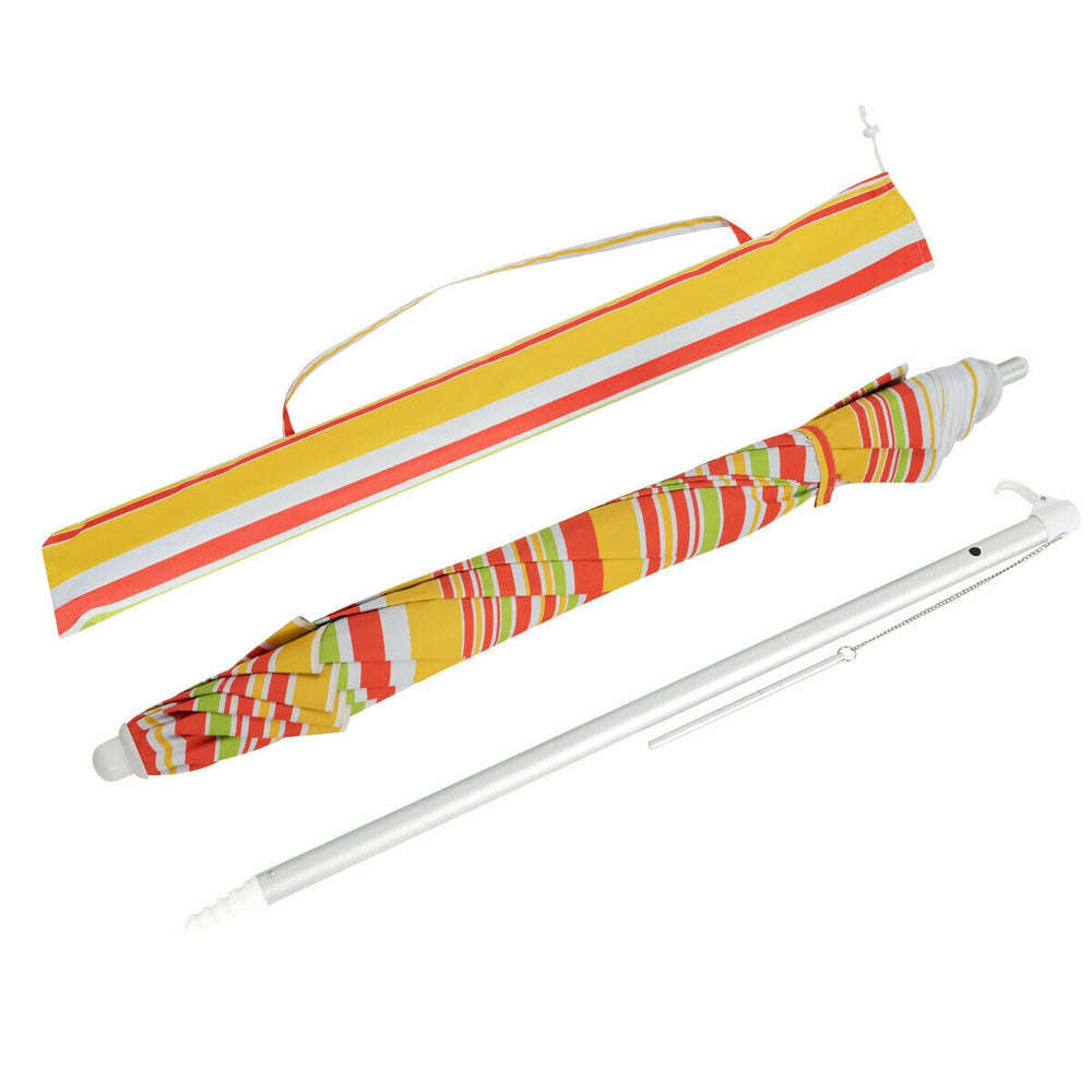6.5ft beach umbrella with colorful stripes, UPF 50+ sun protection, and carry bag, ideal for outdoor leisure activities.