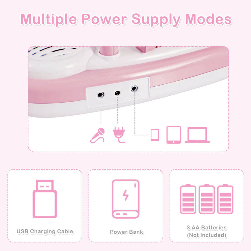 Multifunctional 37-key pink electric keyboard piano with microphone, featuring USB charging and battery options for.
