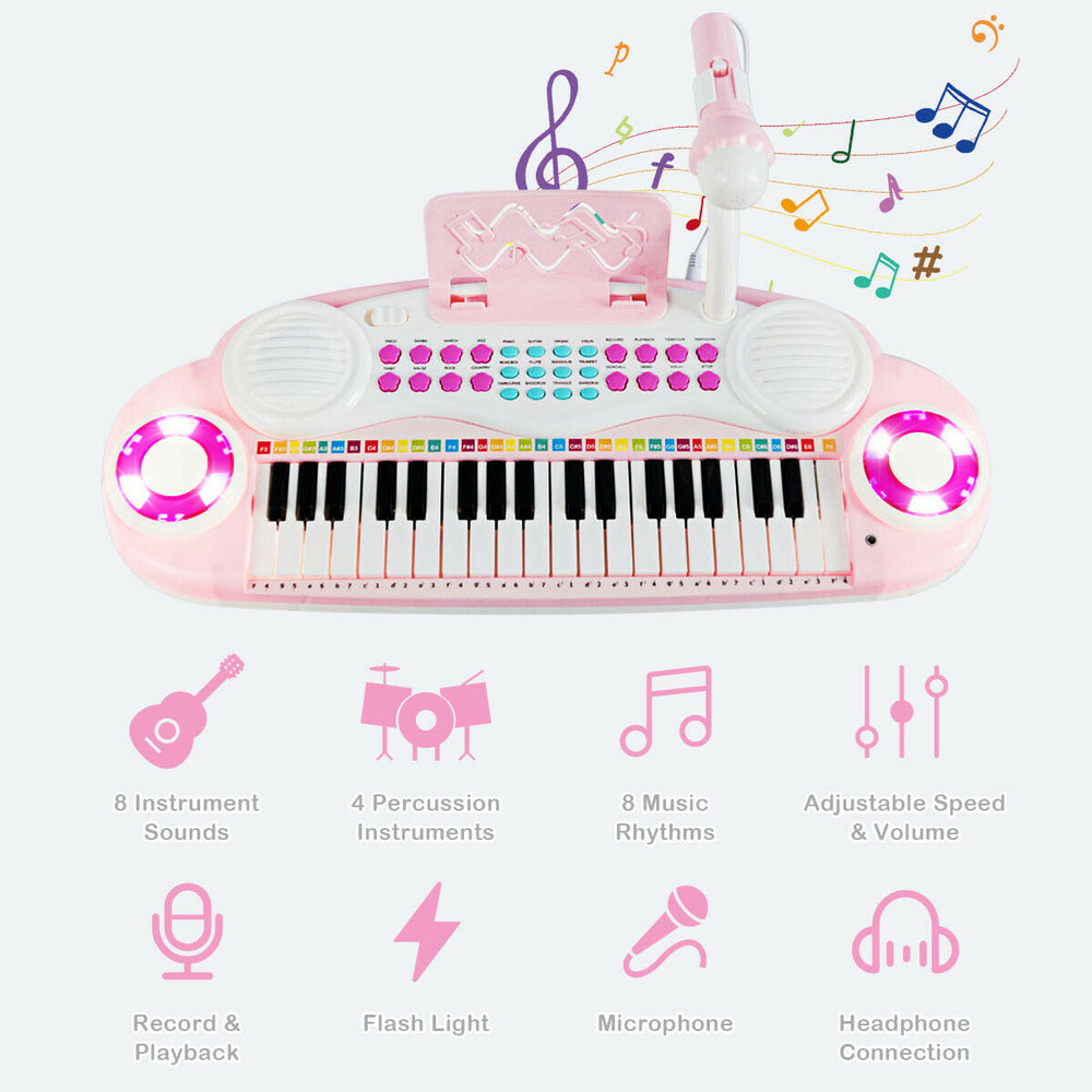 Multifunctional pink electric keyboard piano with 37 keys, microphone, and recording features for kids' creativity.