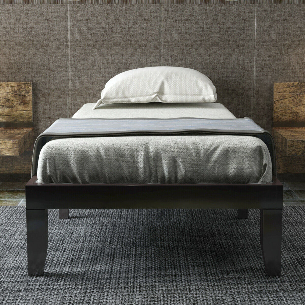 Twin size wooden bed frame with solid rubberwood and poplar slats, featuring modern design and 10.5" under-bed storage.