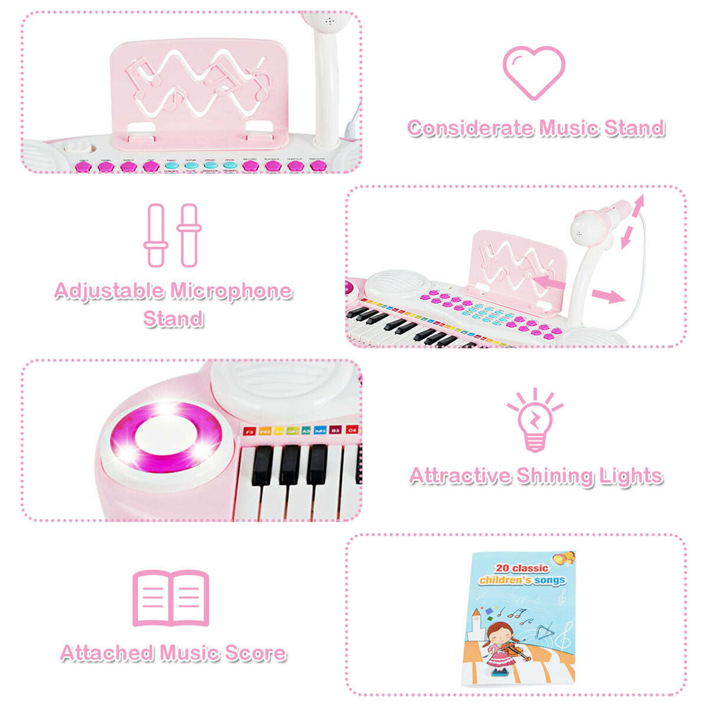 Multifunctional pink 37-key electric keyboard piano with microphone, music stand, and recording features for kids'.