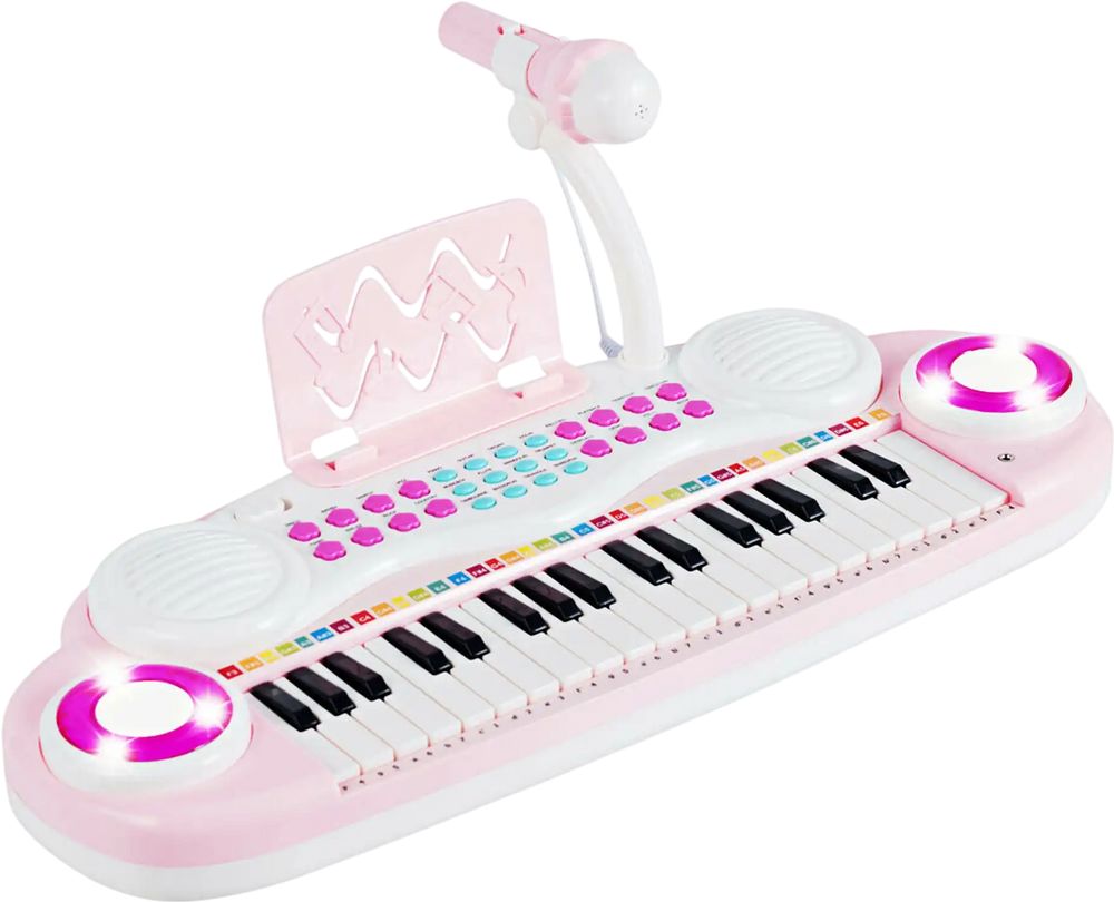 Pink multifunctional 37-key electric keyboard piano with microphone, designed for kids' creativity and safe play.