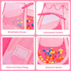 Pink portable kid play tent with mesh windows, convenient curtain, and 100 colorful balls for imaginative play.