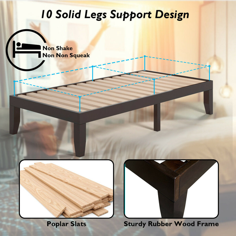 Twin size wooden bed frame with solid rubberwood and poplar slats, featuring 6 sturdy legs for strong support and.
