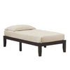 Twin size wooden bed frame in brown with solid rubberwood, 14-inch slats, and 10.5-inch under-bed storage space.