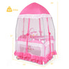 Portable pink baby playpen crib with mosquito net, diaper changing pad, and wheels for easy mobility, perfect for.