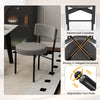 Gray dining chair with padded seat and curved backrest, featuring a sturdy X-shaped structure and adjustable foot pads.