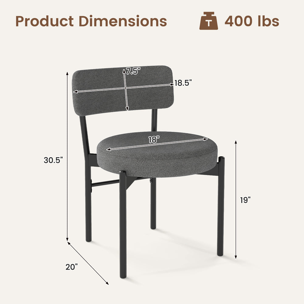 Gray dining chair dimensions with curved backrest, padded seat, and sturdy metal legs for dining room or cafe use.