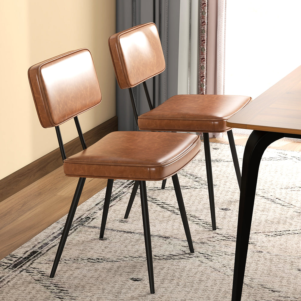 Set of 2 brown dining chairs with padded backrest and seat, featuring waterproof PU leather and sturdy metal legs for.