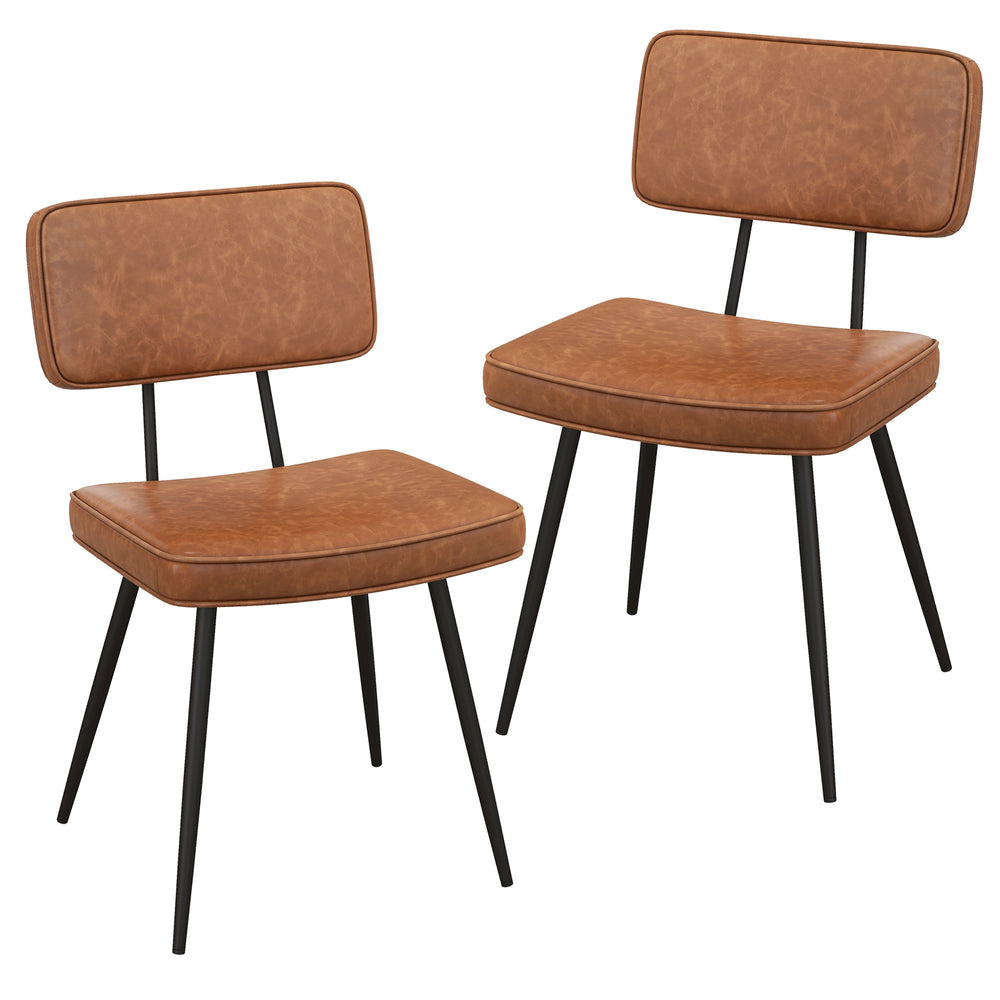 Set of 2 brown dining chairs with padded backrest and seat, featuring metal legs for vintage flair and comfort.