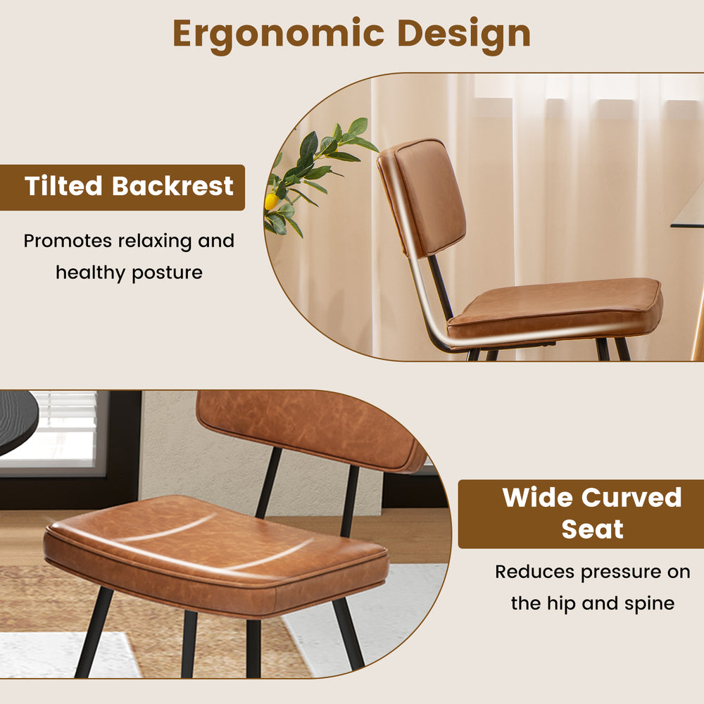 Dining chair set of 2 featuring a wide curved seat and tilted backrest for comfort and healthy posture in brown PU.